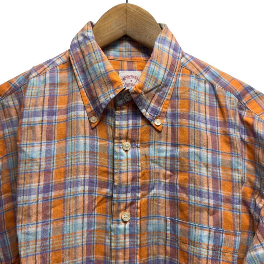 Brooks Brothers Mens Sz Medium Madison Fit Orange Plaid Baird McNutt Linen Shirt